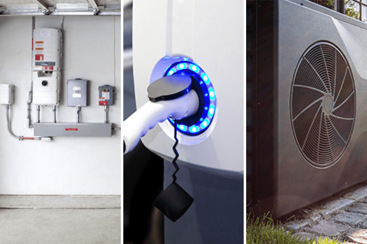Images of a battery storage, electric charging station, and an electric heat pump
